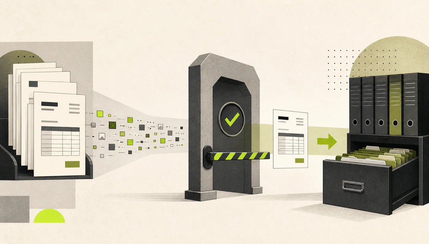 Invoice data moving through a guarded checkpoint before one verified document reaches an accounting file