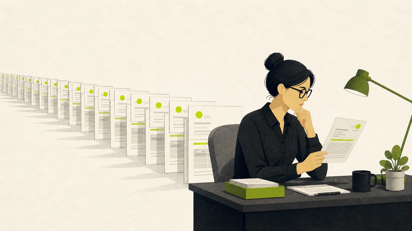 An attentive reviewer reading one invoice while a long queue of similar invoices waits behind her